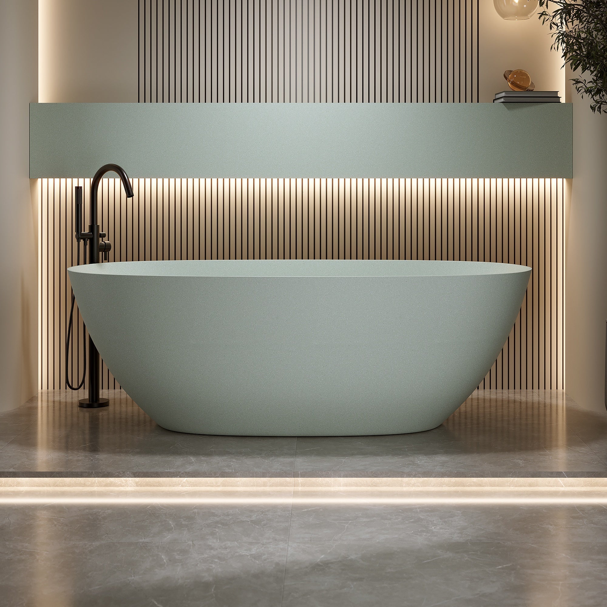 57 Inches Freestanding Soaking Bathtub Solid Surface Resin Stone Modern Tub with Overflow and Pop-up Drain