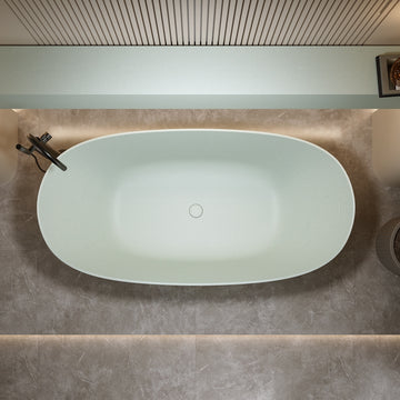 57 Inches Freestanding Soaking Bathtub Solid Surface Resin Stone Modern Tub with Overflow and Pop-up Drain