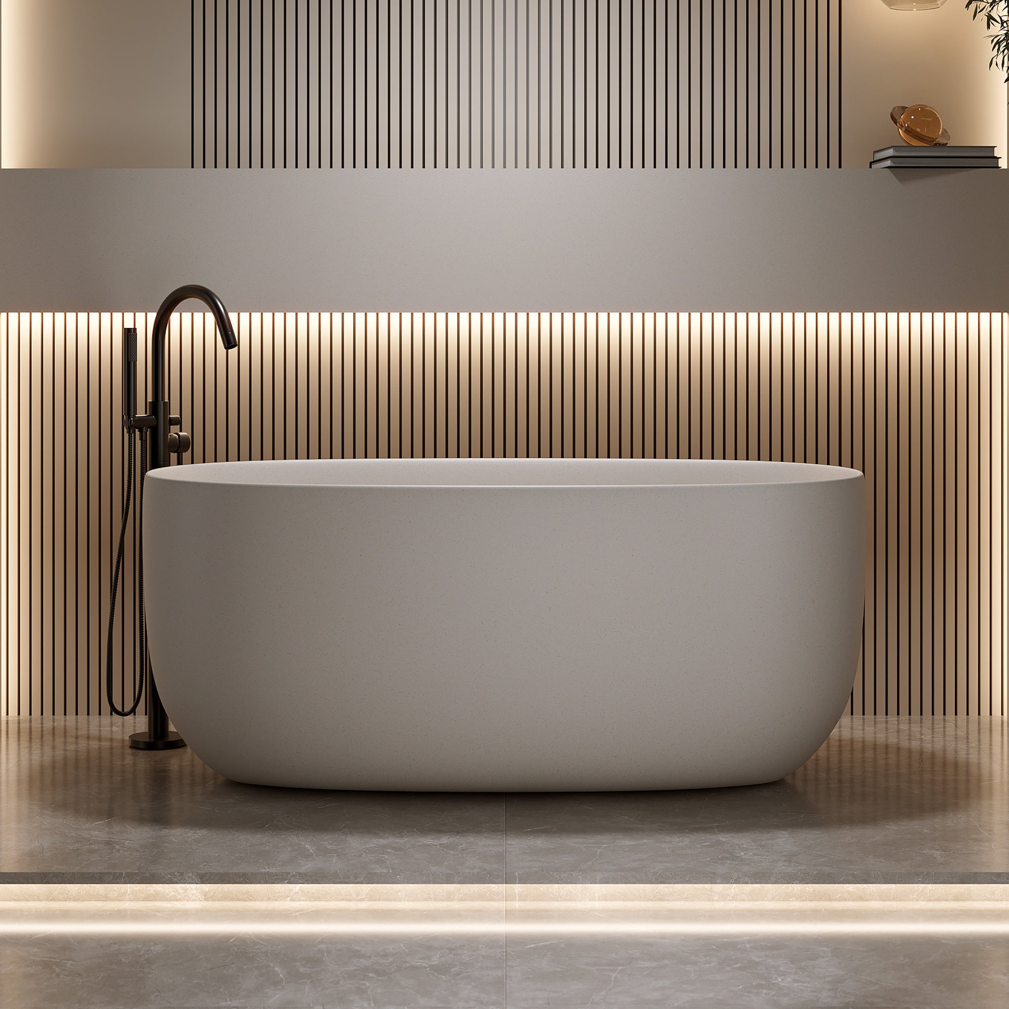 51 Inches Freestanding Soaking Bathtub Solid Surface Resin Stone Beige Modern Tub with Overflow and Pop-up Drain