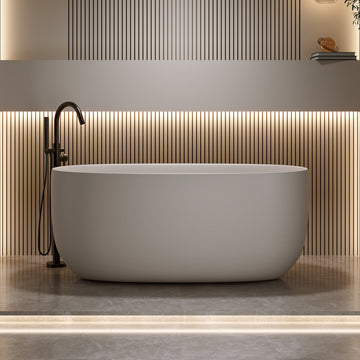 51 Inches Freestanding Soaking Bathtub Solid Surface Resin Stone Beige Modern Tub with Overflow and Pop-up Drain