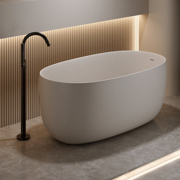 51 Inches Freestanding Soaking Bathtub Solid Surface Resin Stone Beige Modern Tub with Overflow and Pop-up Drain