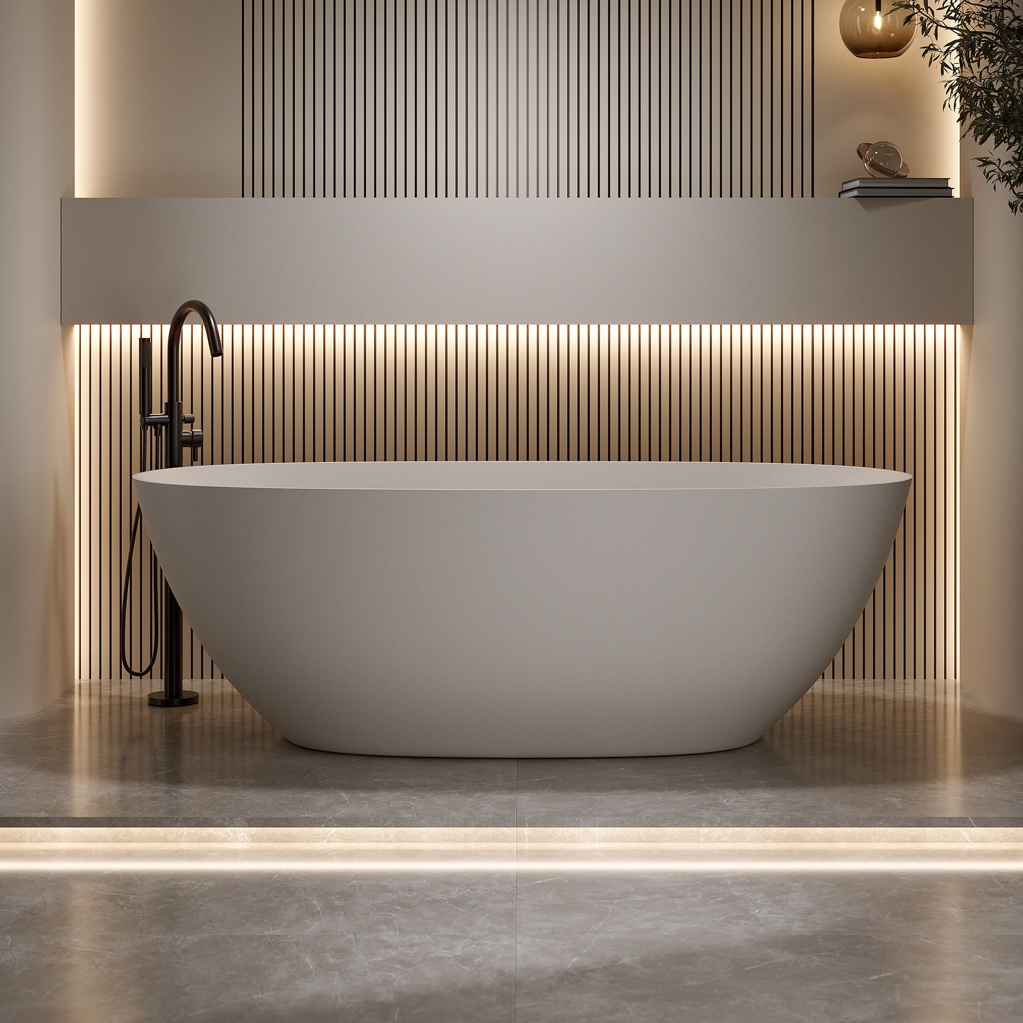 61 Inches Freestanding Soaking Bathtub Solid Surface Resin Stone Beige Modern Tub with Overflow and Pop-up Drain