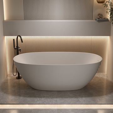 61 Inches Freestanding Soaking Bathtub Solid Surface Resin Stone Beige Modern Tub with Overflow and Pop-up Drain