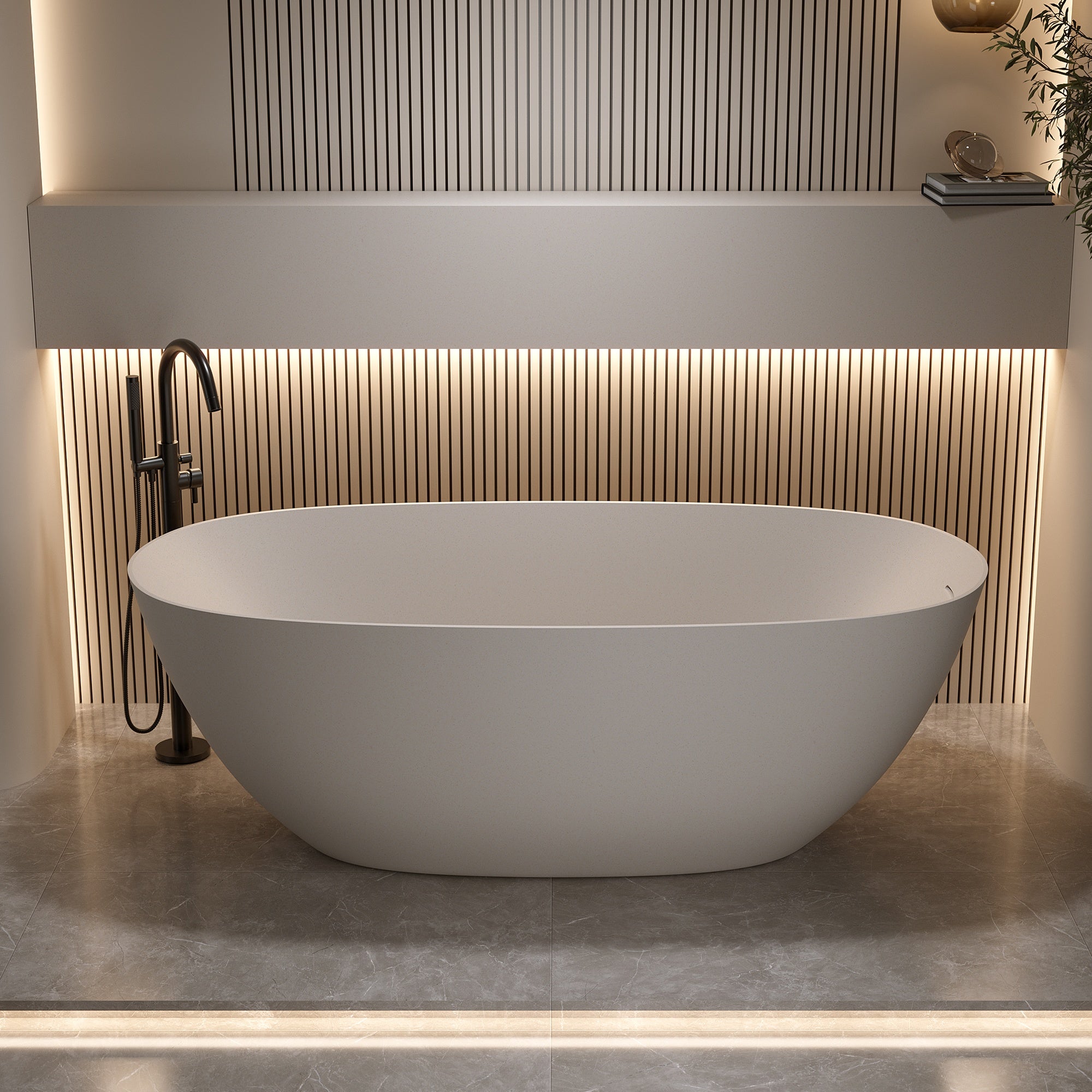 57 Inches Freestanding Soaking Bathtub Solid Surface Resin Stone Beige Modern Tub with Overflow and Pop-up Drain