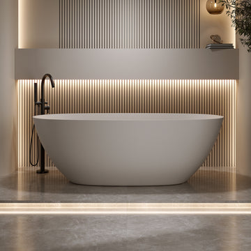 57 Inches Freestanding Soaking Bathtub Solid Surface Resin Stone Beige Modern Tub with Overflow and Pop-up Drain