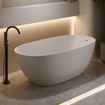 69 Inches Freestanding Soaking Bathtub Solid Surface Resin Stone Beige Modern Tub with Overflow and Pop-up Drain