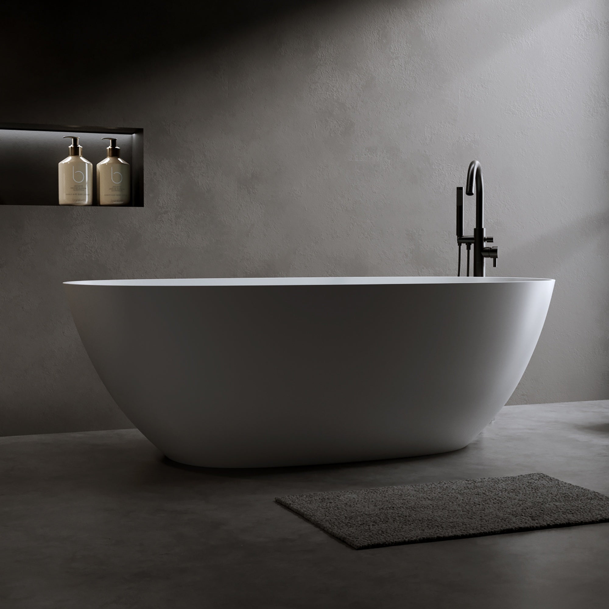 69 Inches Freestanding Soaking Bathtub Solid Surface Resin Stone Matte White Modern Tub with Overflow and Pop-up Drain
