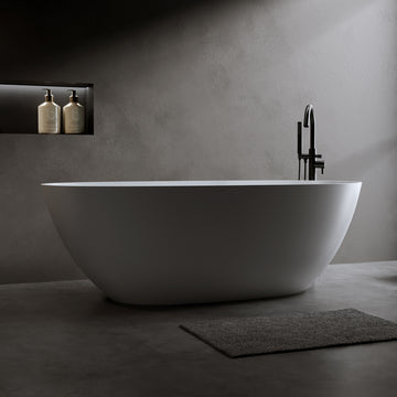69 Inches Freestanding Soaking Bathtub Solid Surface Resin Stone Matte White Modern Tub with Overflow and Pop-up Drain