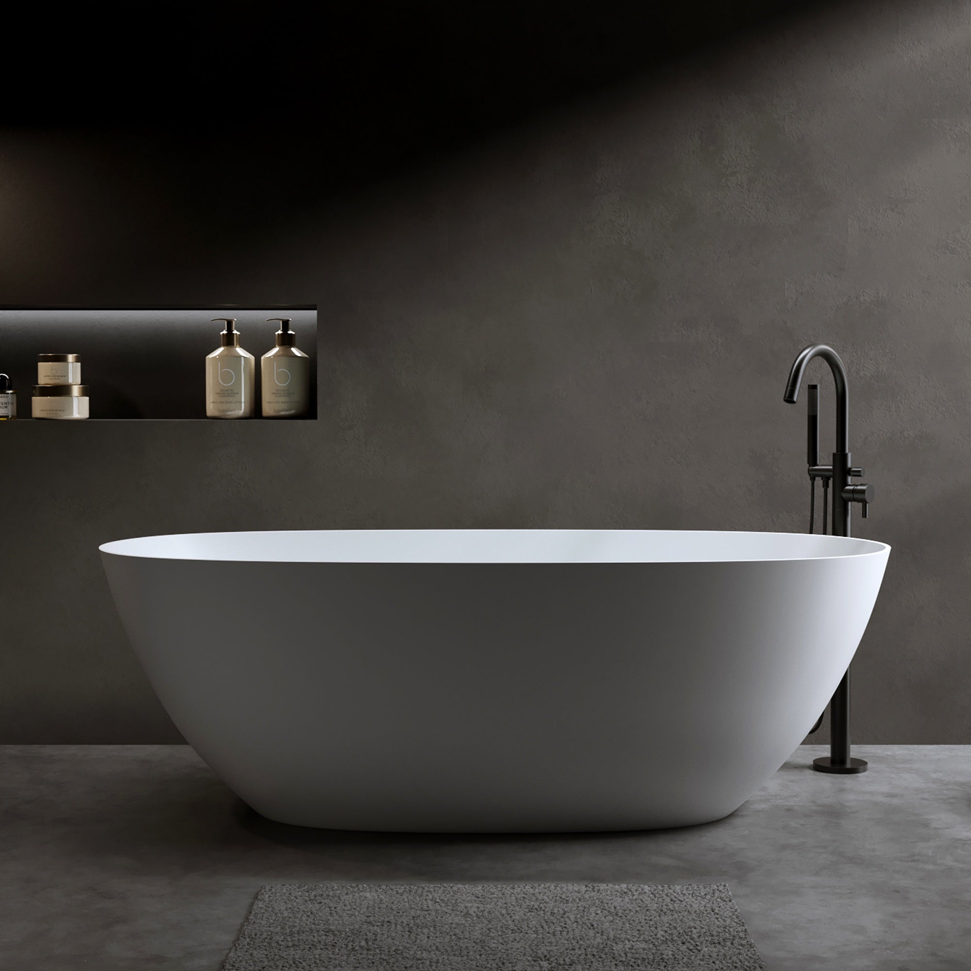 61 Inches Oval Freestanding Soaking Bathtub Solid Surface Resin Stone Matte White Thick Edge with Overflow and Pop-up Drain