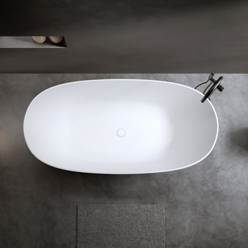 61 Inches Oval Freestanding Soaking Bathtub Solid Surface Resin Stone Matte White Thick Edge with Overflow and Pop-up Drain
