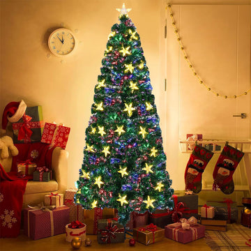 7FT Pre-lit Fiber Optic Christmas Tree with Large Stars, Artificial Xmas Tree Spruce Tree Green Tree with Metal Stand,Full Tree for Holiday Decoration