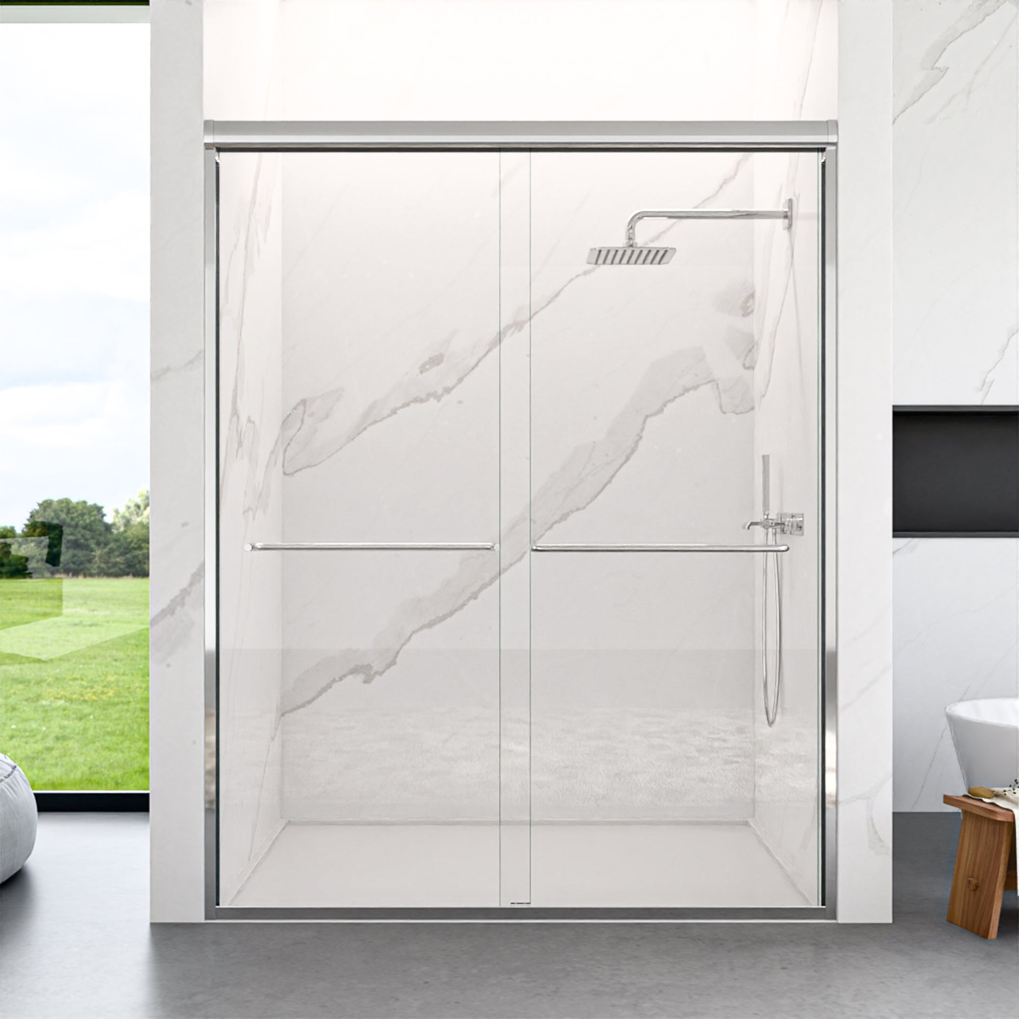 Semi-Frameless Double Sliding Shower Door Bypass Shower Door with 1/4 in. (6mm) Thick SGCC Tempered Glass