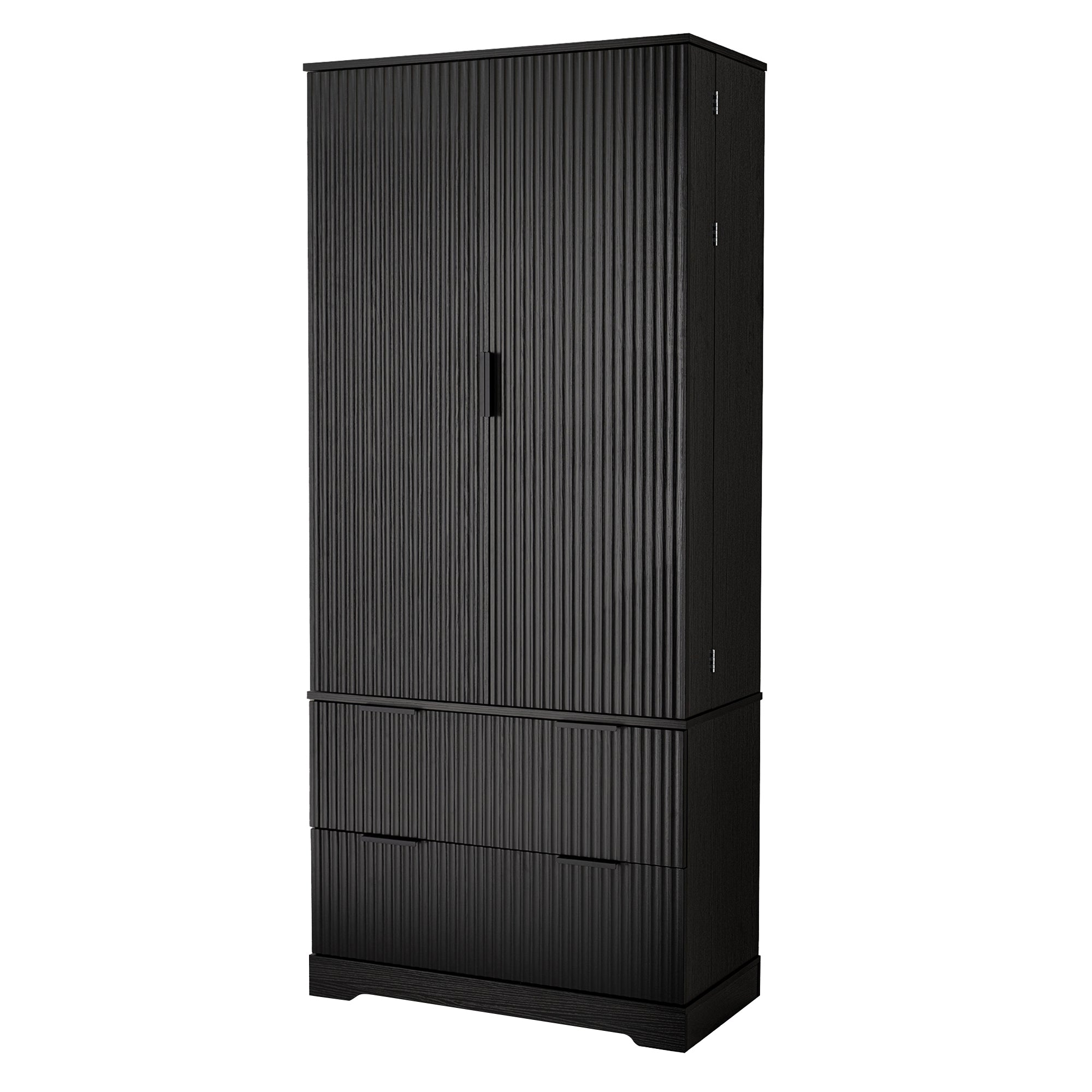72 Inch Modern Fluted Kitchen Pantry Cabinet with 2 Drawers and 8 Door Spice Racks Freestanding Storage Organizer Black