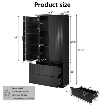 72 Inch Modern Fluted Kitchen Pantry Cabinet with 2 Drawers and 8 Door Spice Racks Freestanding Storage Organizer Black