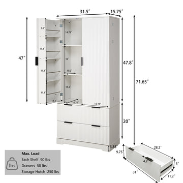 72 Inch Modern Fluted Kitchen Pantry Cabinet with 2 Drawers and 8 Door Spice Racks Freestanding Storage Organizer White