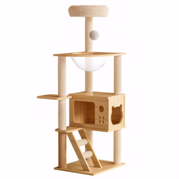 48.8 Inch Modern Cat Tower Wood Cat Tree with Sisal Scratching Posts Top Perch and Acrylic Hammock for Indoor Cats