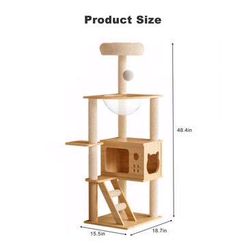 48.8 Inch Modern Cat Tower Wood Cat Tree with Sisal Scratching Posts Top Perch and Acrylic Hammock for Indoor Cats