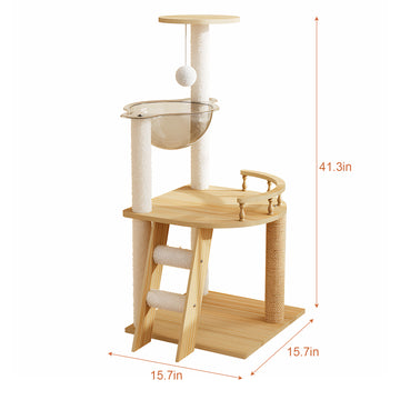 41.3 Inch Modern Cat Tower Wood Cat Tree with Scratching Posts Top Perch and Acrylic Hammock for Indoor Cats