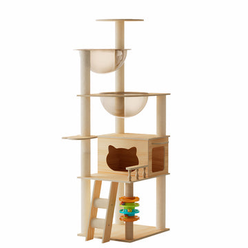 59 Inch Modern Cat Tower Wood Cat Tree with Sisal Scratching Posts Top Perch and Acrylic Hammock for Indoor Cats