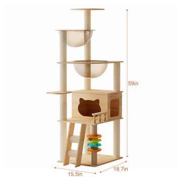 59 Inch Modern Cat Tower Wood Cat Tree with Sisal Scratching Posts Top Perch and Acrylic Hammock for Indoor Cats