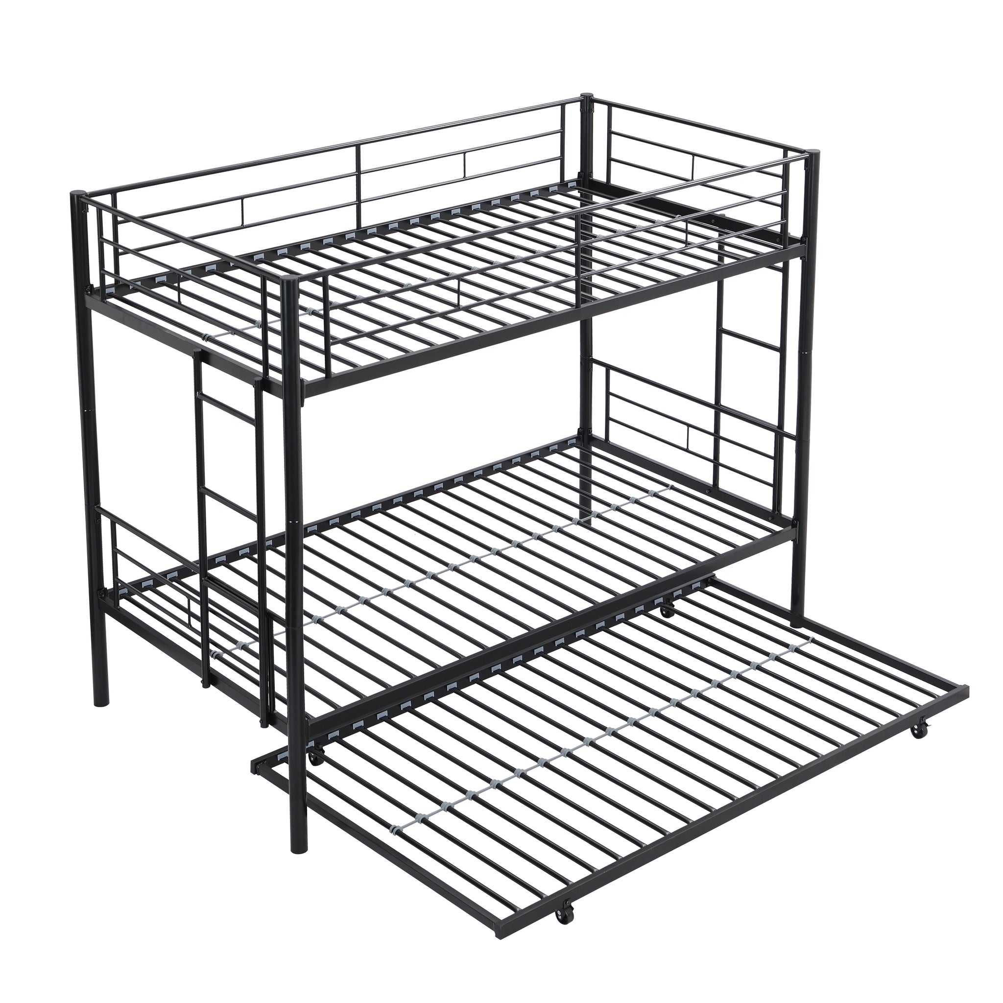 Twin Over Twin Metal Bunk Bed with Trundle Black Strong Steel Frame Easy Assembly No Box Spring Needed