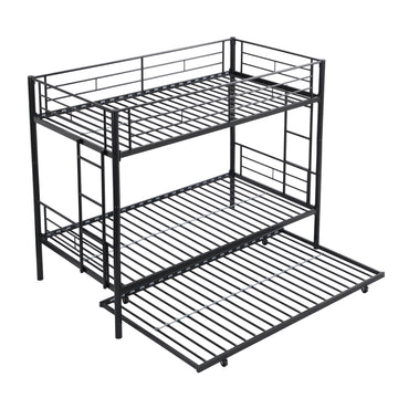 Twin Over Twin Metal Bunk Bed with Trundle Black Strong Steel Frame Easy Assembly No Box Spring Needed