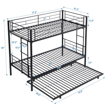 Twin Over Twin Metal Bunk Bed with Trundle Black Strong Steel Frame Easy Assembly No Box Spring Needed