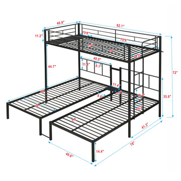 Twin Over Twin Over Twin Metal Triple Bunk Bed with Vertical Ladder and Safety Rails