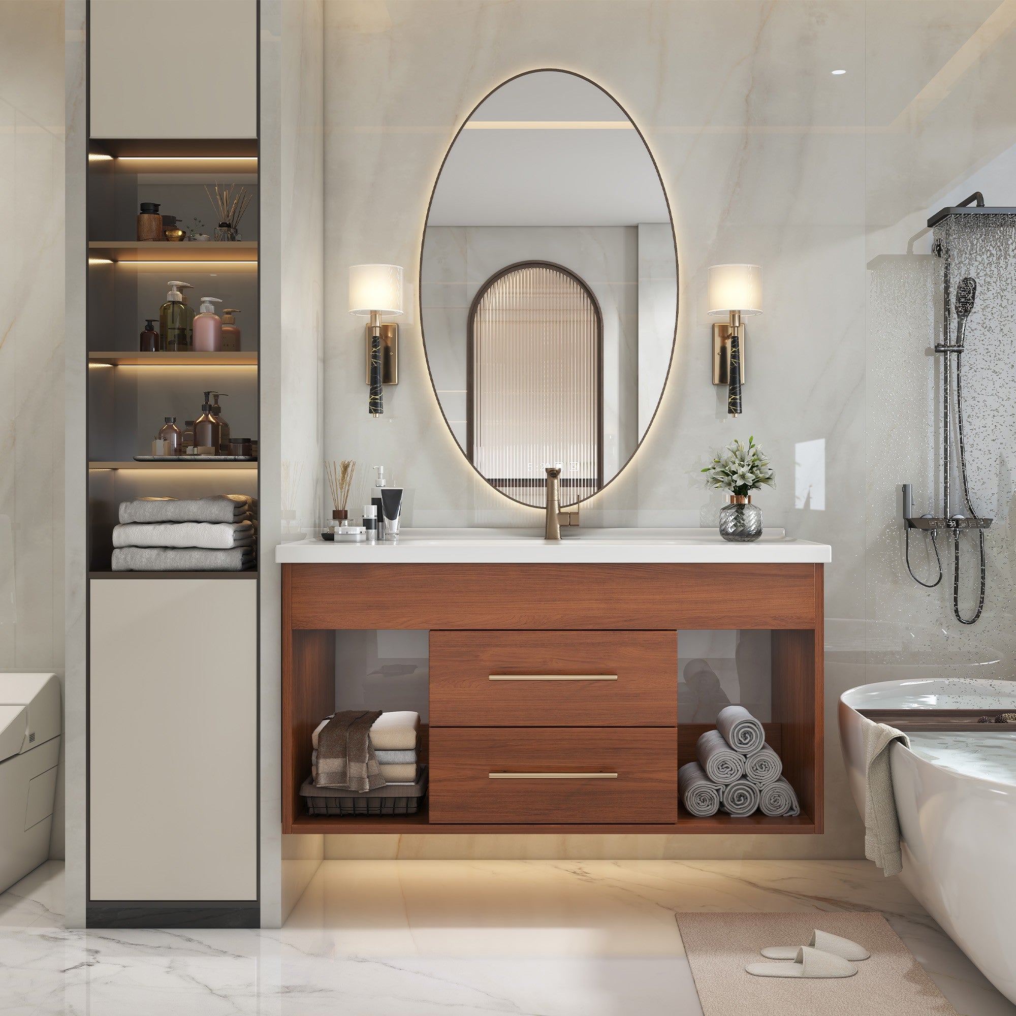 35.4 Inch Mid-century Modern Single Bathroom Vanity with Integrated Ceramic Undermount Sink