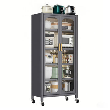 65 Inch Metal Kitchen Pantry Storage Cabinet with Transparent Doors Adjustable Shelves and Wheels Gray