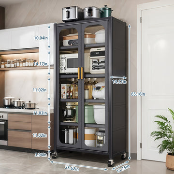 65 Inch Metal Kitchen Pantry Storage Cabinet with Transparent Doors Adjustable Shelves and Wheels Gray