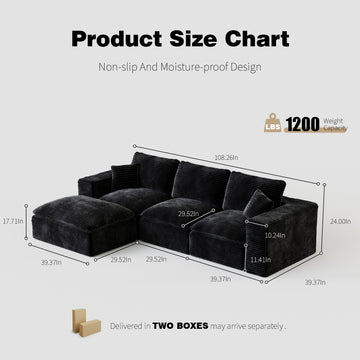 108 Inch Modular Cloud Sectional Sofa with Interchangeable L Shape Chaise Plush Corduroy Deep Seat No Assembly Required Black