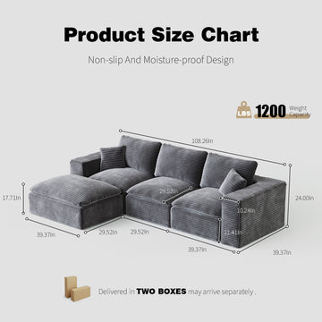 108 Inch Modular Cloud Sectional Sofa with Interchangeable L Shape Chaise Plush Corduroy Deep Seat No Assembly Required Grey