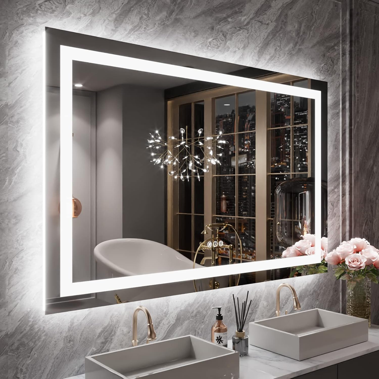 55x36 inch IP54 Waterproof LED Bathroom Mirror Anti Fog Dimmable Adjustable Color Temperature