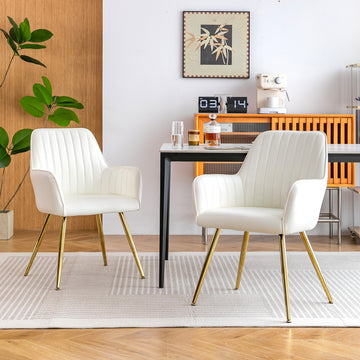 Velvet & Faux Leather Mid-Back Dining Chairs with Gold Plated Legs (Set of 2) White