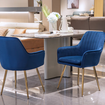 Velvet & Faux Leather Mid-Back Dining Chairs with Gold Plated Legs (Set of 2) Blue