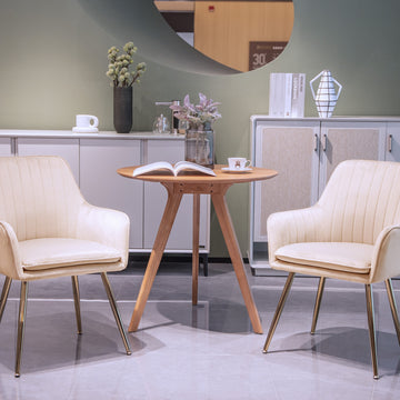 Velvet & Faux Leather Mid-Back Dining Chairs with Gold Plated Legs (Set of 2) Beige