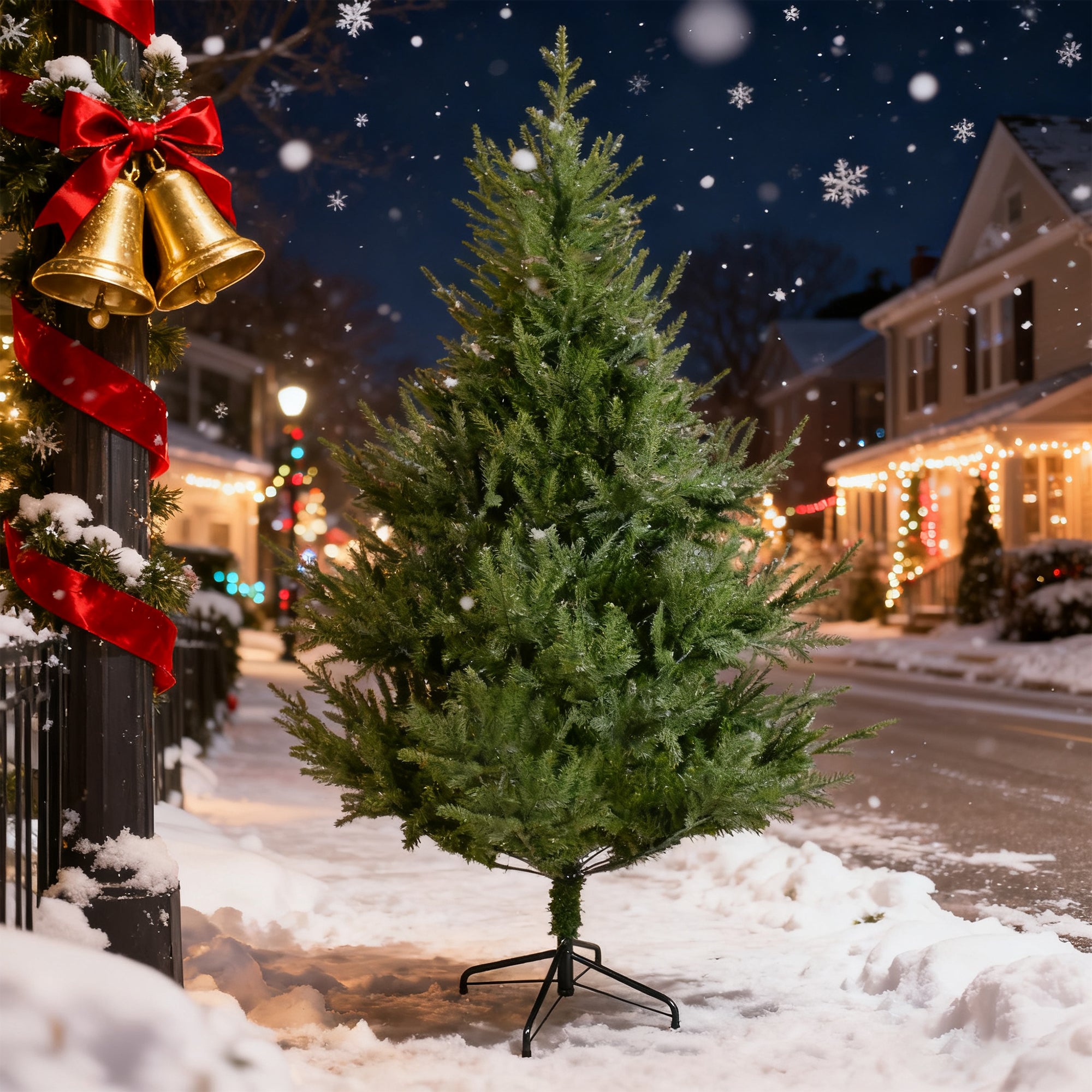 7FT Curved Christmas Tree – an 84-inch green Christmas tree featuring an irregular shape, dense branches, and a realistic appearance. This versatile piece works as both a Halloween and Christmas