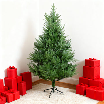 7FT Curved Christmas Tree – an 84-inch green Christmas tree featuring an irregular shape, dense branches, and a realistic appearance. This versatile piece works as both a Halloween and Christmas