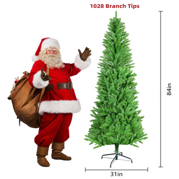 7FT Classic Pencil Christmas Tree is an 84-inch classic pencil-shaped Christmas tree suitable for both Halloween and Christmas. It features dense branches for realistic Christmas decorations 
