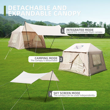 5.72㎡ 4 Season Inflatable Camping Tent Easy Setup Waterproof Windproof Glamping Tent with Detachable Top Mesh Windows Stove Jack Pump