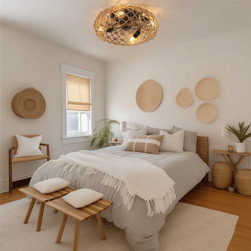 19 Inch Rattan Ceiling Fan with 4 Bulbs Dimmable Remote Control 7 Blades Reversible DC Motor