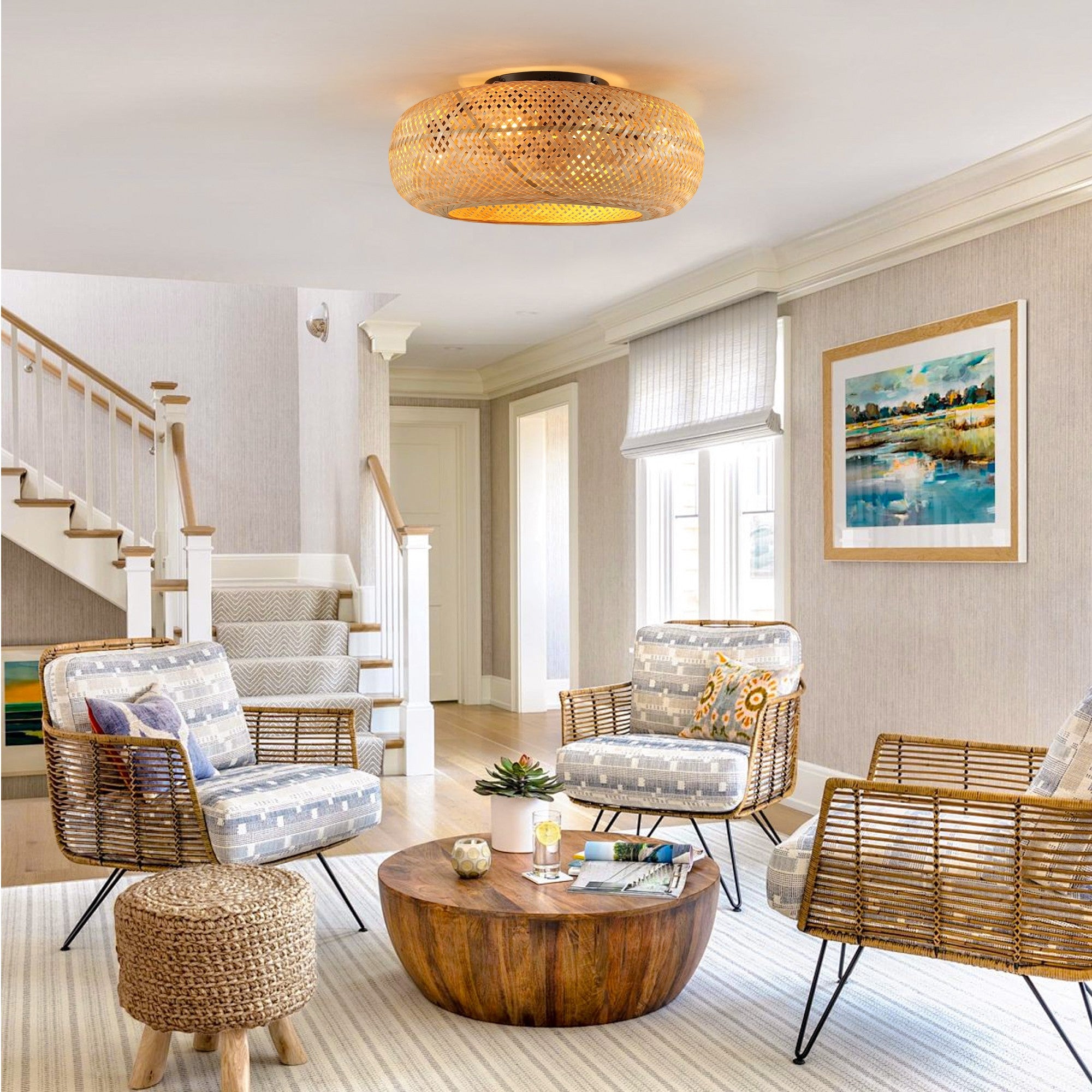 19 Inch Rattan Ceiling Fan with 4 Bulbs Dimmable Remote Control 7 Blades Reversible DC Motor