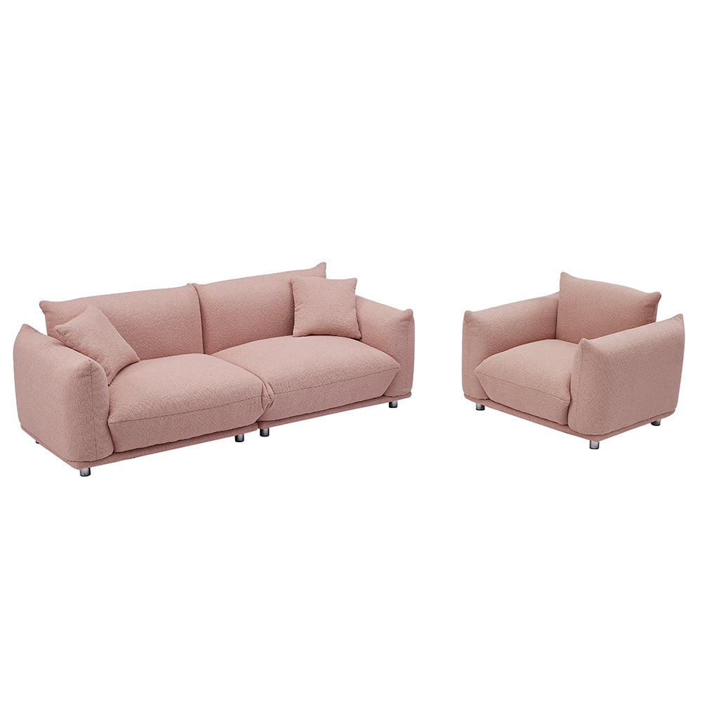 3+1 Oversized Loveseat Sofa for Living Room, Sherpa Sofa with Metal Legs, 3 Seater Sofa, Solid Wood Frame Couch with 2 Pillows, for Apartment Office Living Room Pink