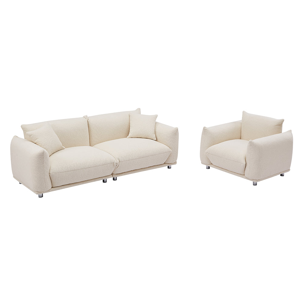 3+1 Oversized Loveseat Sofa for Living Room, Sherpa Sofa with Metal Legs, 3 Seater Sofa, Solid Wood Frame Couch with 2 Pillows, for Apartment Office Living Room Beige