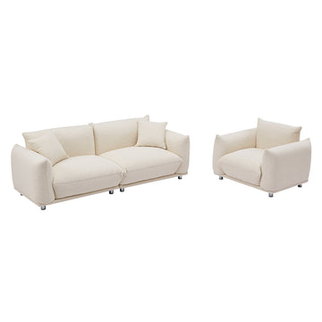 3+1 Oversized Loveseat Sofa for Living Room, Sherpa Sofa with Metal Legs, 3 Seater Sofa, Solid Wood Frame Couch with 2 Pillows, for Apartment Office Living Room Beige