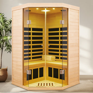 Two-Person Hemlock Far Infrared Corner Sauna with Bluetooth & LED Lights