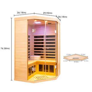 Two-Person Hemlock Far Infrared Corner Sauna with Bluetooth & LED Lights
