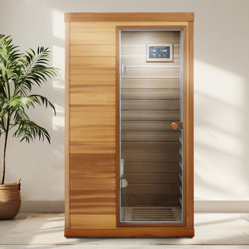 Red Cedar Mini 1-Person Far Infrared Sauna with Glass Door (Right) and Bluetooth Audio