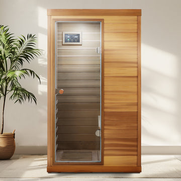 Red Cedar Mini One-Person Far Infrared Sauna with Left Glass Door, Bluetooth Audio & LED Reading Light